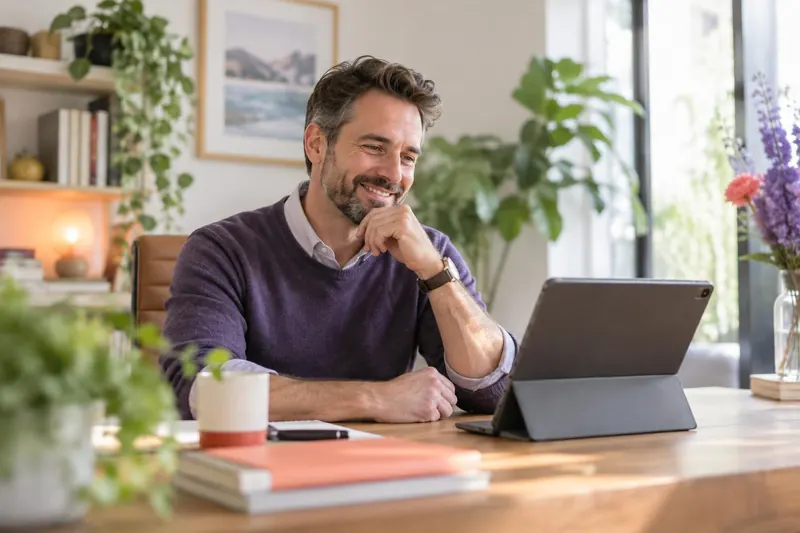 A coach in his forties listens with a warm smile during a video call on a tablet stand in a calm, bright office with plants