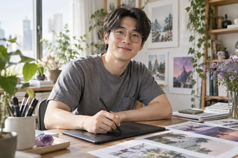 An illustrator with round glasses at a desk with a drawing tablet and printed samples