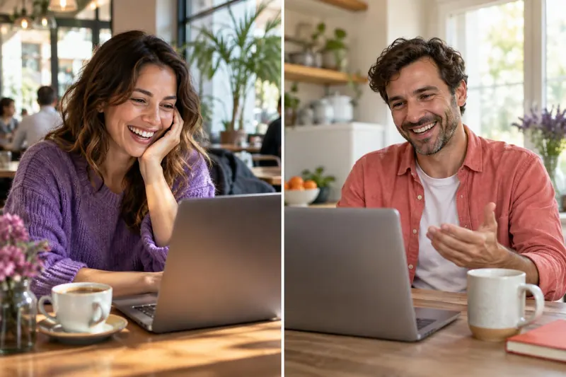 A split frame of a woman and a man in different places, laughing with each other on a video call