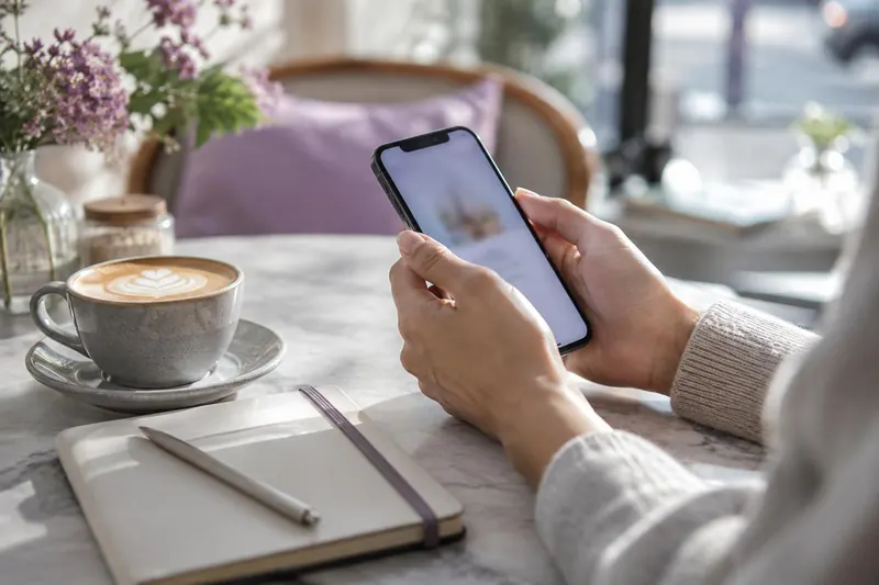 Hands hold a smartphone over a café table with a latte and an open notebook
