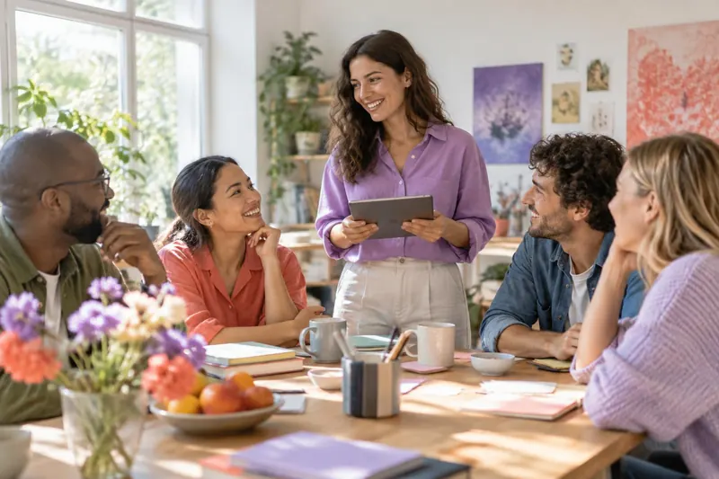 A small group at a bright workshop table, with a host in the middle holding a tablet