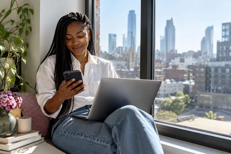 A woman with long braids on a sunny windowsill with a phone and a laptop