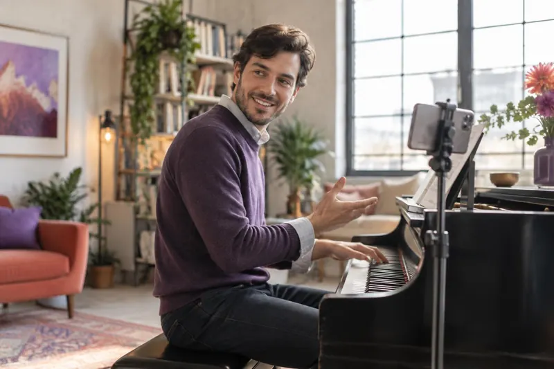A man at a piano smiles at a phone on a stand