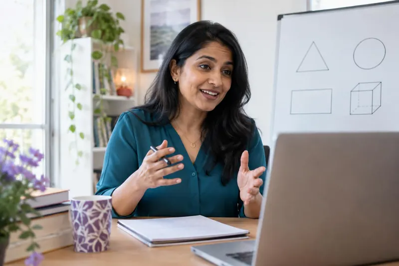 A woman tutor in a teal blouse explains something to her laptop, with a small whiteboard behind her