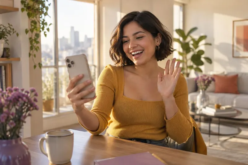 A woman creator with a short bob and a mustard top holds up her phone on a video call in a bright apartment