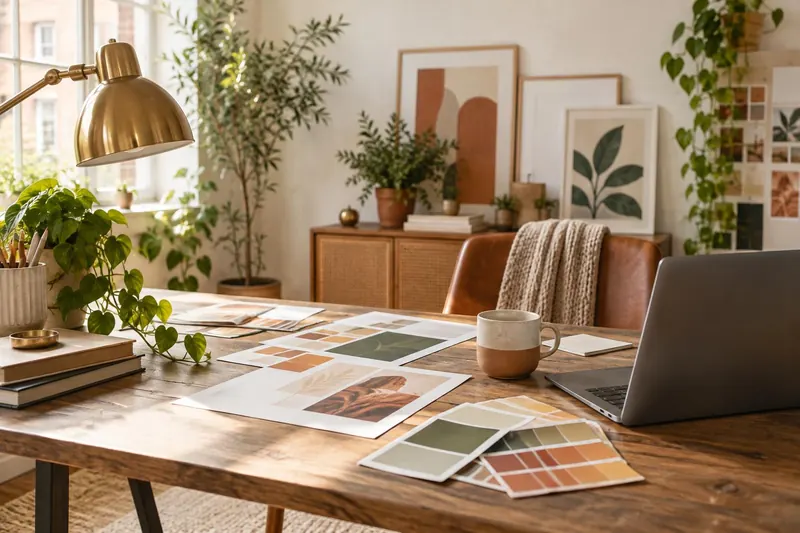 A wooden desk with blank poster mockups, color swatches, a mug and a laptop in a bright design studio