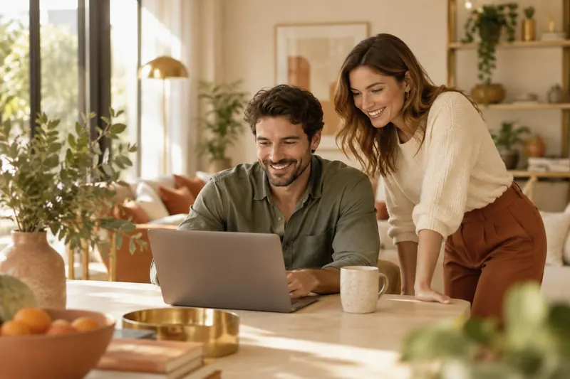 A man and a woman smiling at a laptop together in a warm, sunny living room