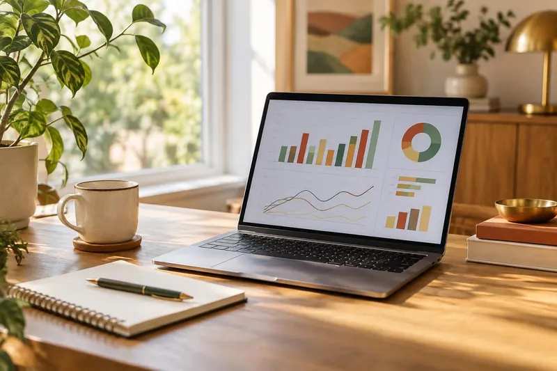 A laptop on a desk showing abstract charts and graphs