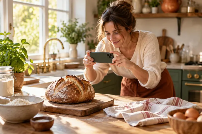 A home baker photographing a loaf of sourdough bread with her phone in a sunny kitchen