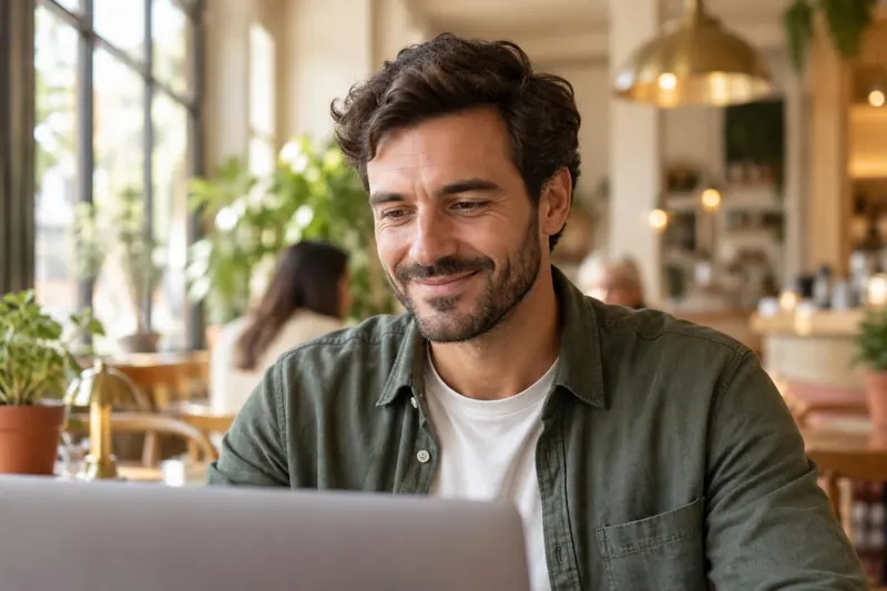 A man with a short beard smiling at his laptop in a sunny café