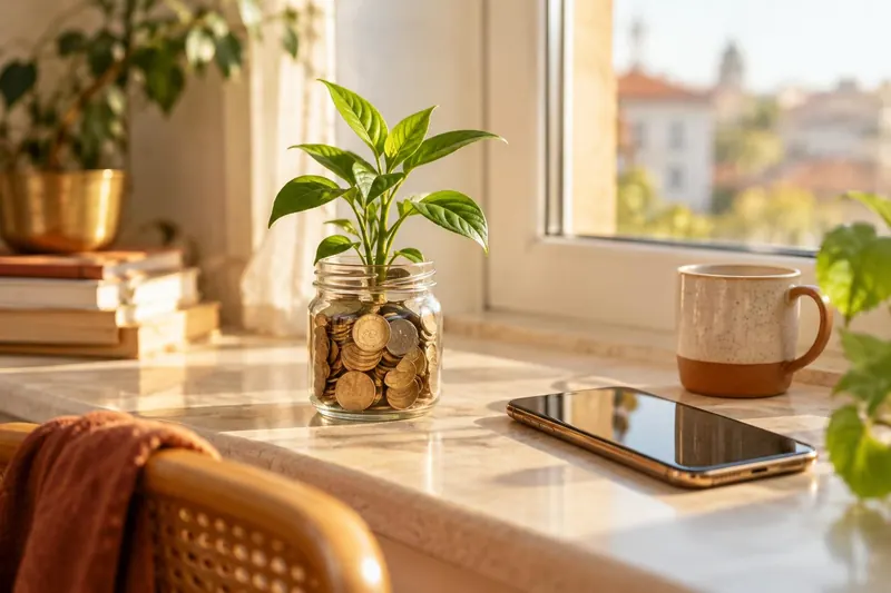 A small plant growing out of a glass jar of coins on a sunny windowsill, next to a smartphone