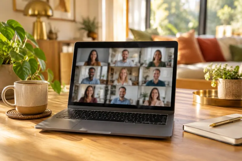 A laptop on a wooden table showing a grid of smiling people on a group video call, with a mug and a notebook beside it