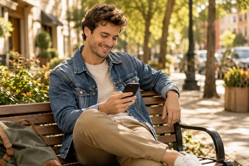 A young man in a denim jacket smiling at his phone on a sunny city bench