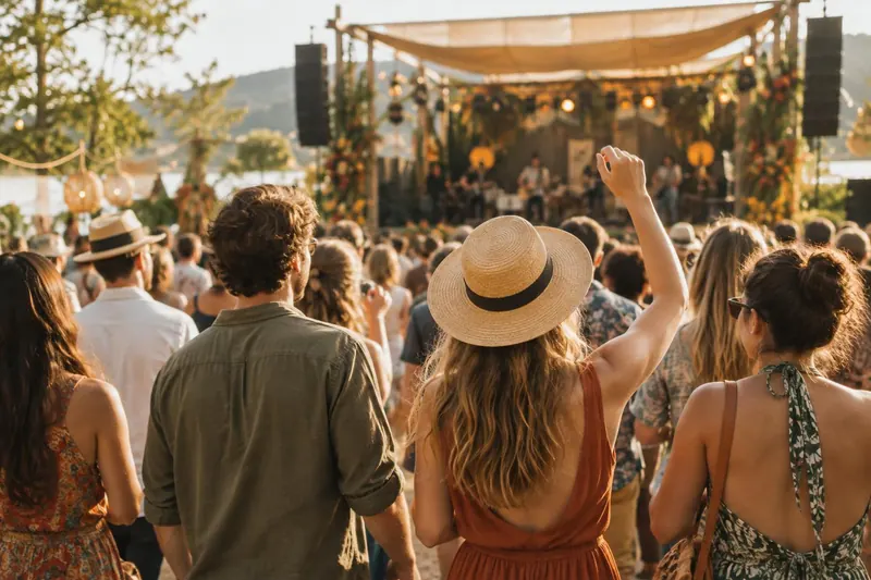 A happy festival crowd seen from behind, a woman in a straw hat raising her hand toward a band on an outdoor stage