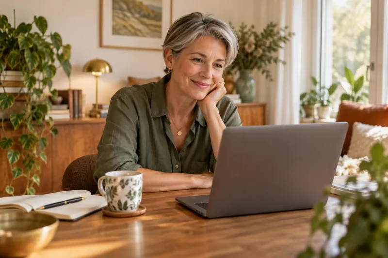 A woman with short grey hair smiling on a video call at her laptop in a warm home office, with a notebook and a cup of tea