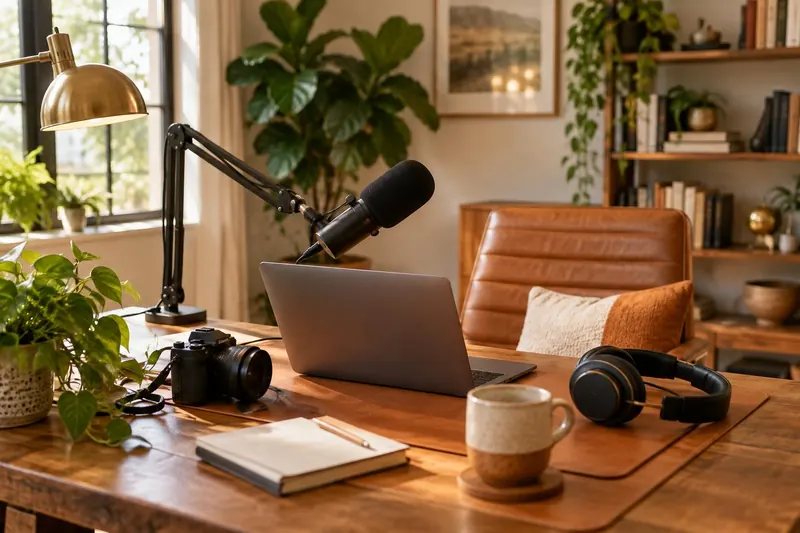 A wooden desk with a microphone on an arm, a camera, headphones and an open laptop
