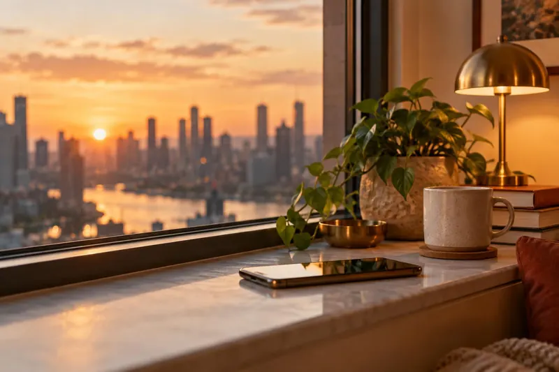 A smartphone lying on a windowsill at dusk, with a city skyline and a warm lamp in the background