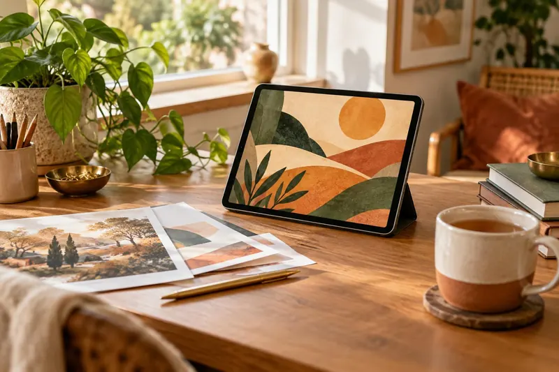 A tablet showing an abstract illustrated cover next to printed pages and a cup of tea on a wooden desk