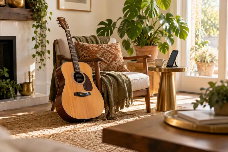 An acoustic guitar leaning on an armchair and a phone on a stand in a sunny living room