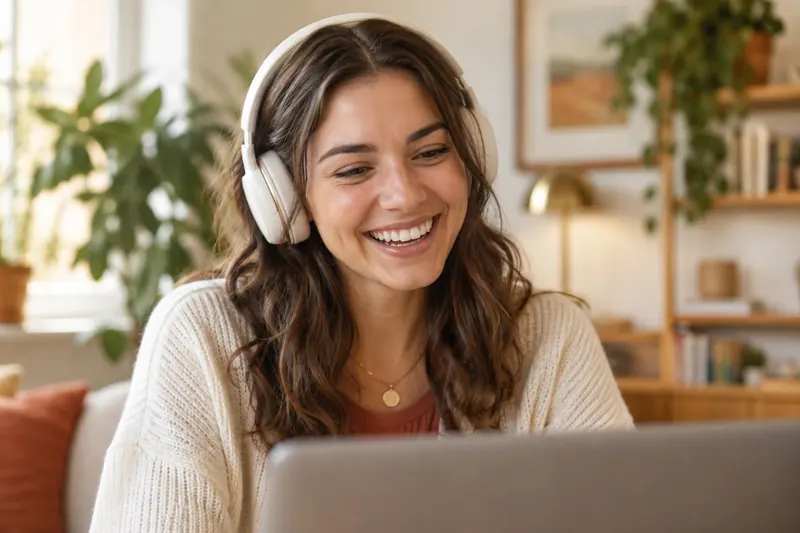 A smiling woman in white headphones and a lilac sweater laughing at her laptop in a bright living room