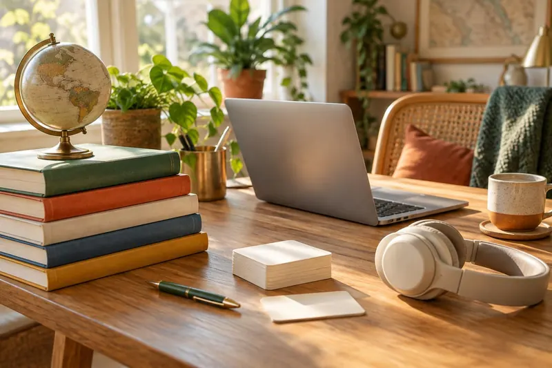 A sunny desk with a stack of language books, flashcards, headphones, a pen and a laptop