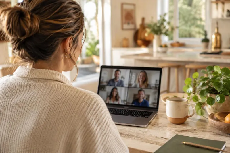 View over a person's shoulder of a laptop screen showing a blurred video call
