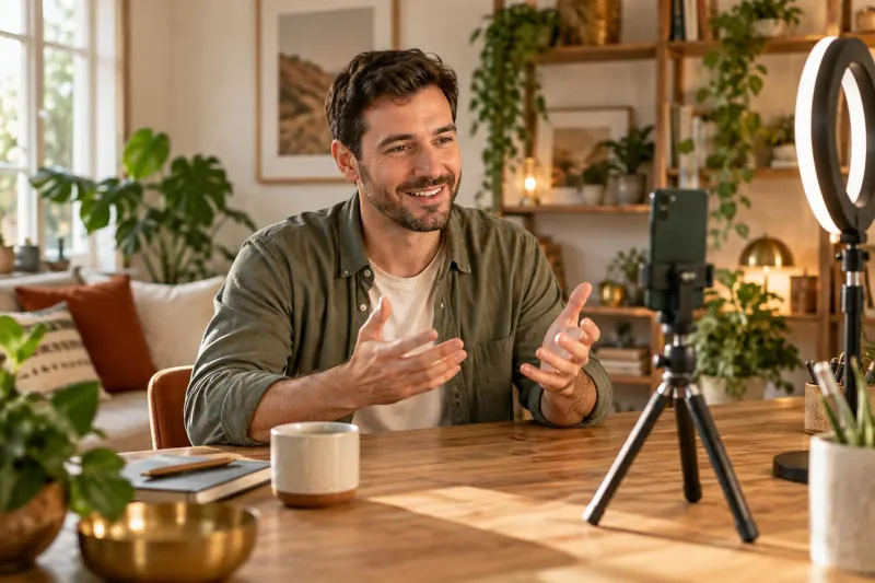 A man with a short beard talking cheerfully to a phone on a small tripod beside a ring light in a warm home studio