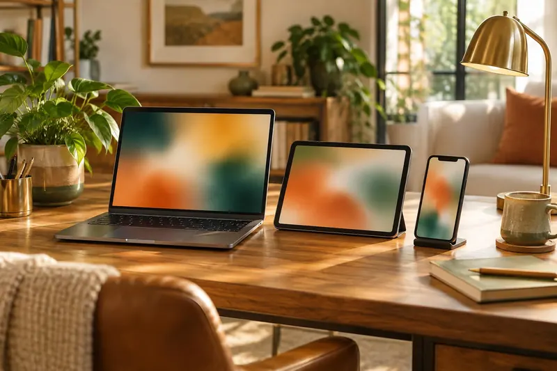 A laptop, a tablet and a phone side by side on a wooden desk with a brass lamp