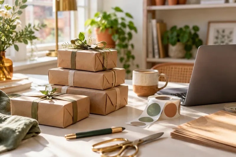 Kraft paper packages tied with green ribbon on a bright desk, next to an open laptop, a mug and a roll of stickers
