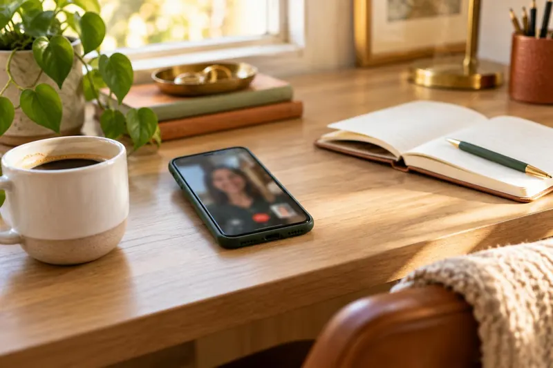 A smartphone showing a blurred video call on a wooden desk, beside a cup of coffee and an open notebook with a pen