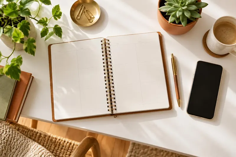 An open planner with a pen and a phone lying beside it on a desk