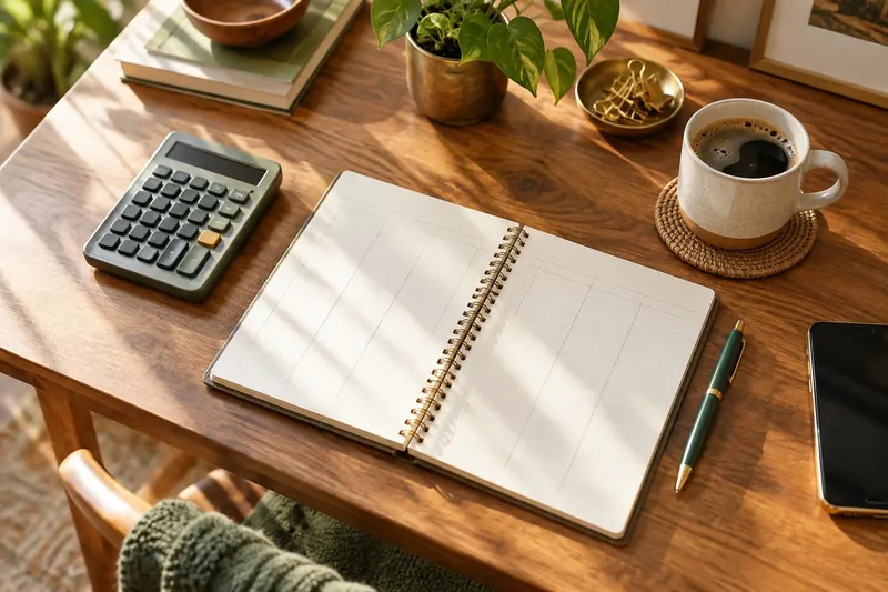 Top-down view of a wooden desk with a calculator, an open notebook with blank columns, a pen, a phone and a cup of coffee
