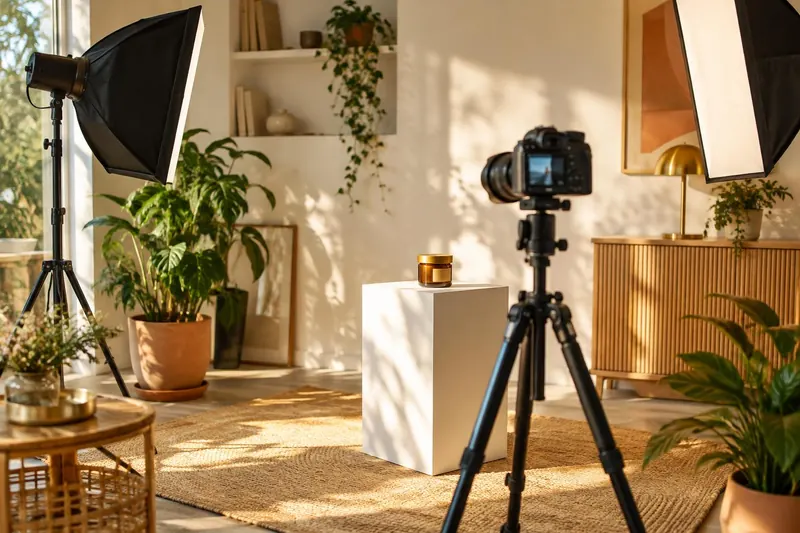 A camera on a tripod aimed at a small amber jar on a white pedestal, with softbox lights in a sunny home studio