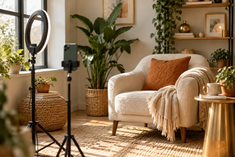 A ring light and a phone on a tripod facing an armchair in a bright, empty living room