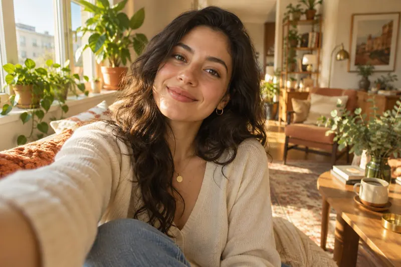A smiling woman with dark wavy hair taking a selfie video by a sunny window in a warm apartment with plants
