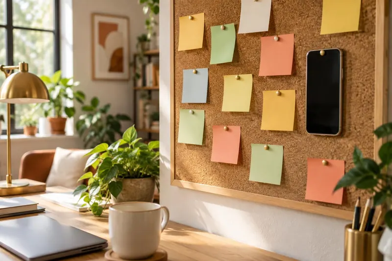A cork board with colorful blank sticky notes and a phone pinned to it, above a sunny desk with a mug