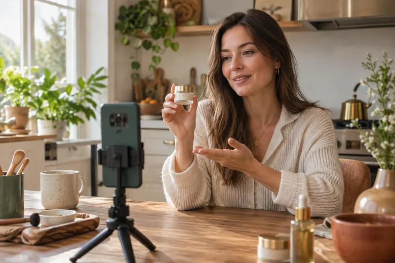 A woman at a kitchen table showing a small skincare jar to a phone on a mini tripod
