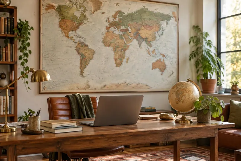 A wooden desk with a laptop, a globe and a vase of lilacs in front of a large framed world map