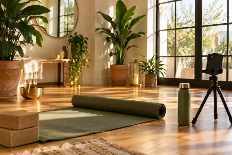 A sunlit yoga studio with a rolled-out green mat, cork blocks, a water bottle and a phone on a tripod
