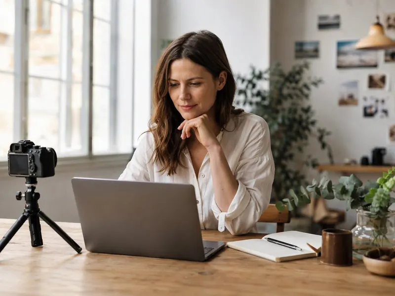 A woman at a desk with a laptop and a camera on a tripod in a bright home studio