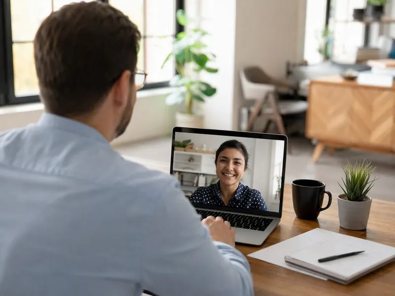 Over the shoulder of a man at a laptop, on a video call with a smiling woman