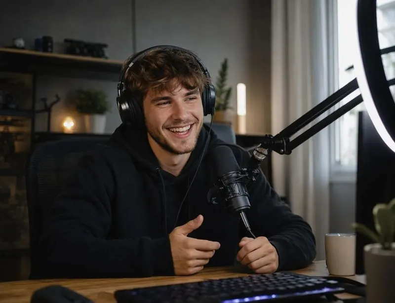 A young man with headphones and a microphone laughing at his desk