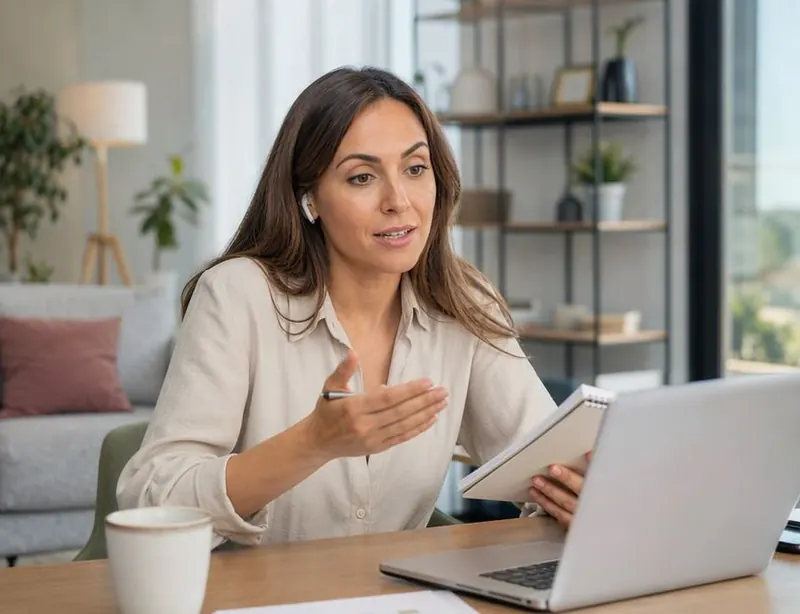 A woman holding a notebook talks to her laptop camera in a bright room