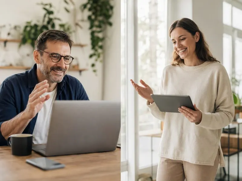 A split frame of a man with glasses waving at his laptop and a woman holding a tablet, both smiling in bright rooms