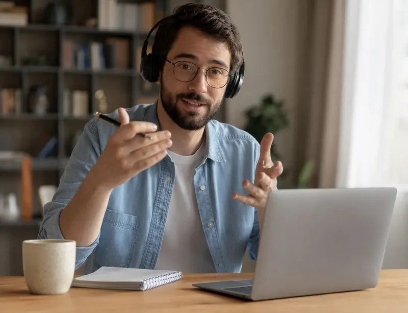 A man with headphones and glasses explaining something with his hands at a laptop