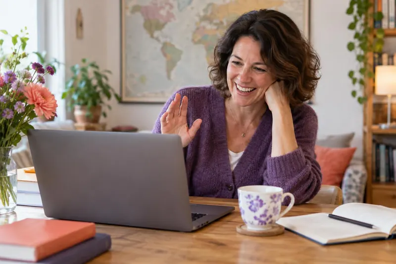 A language tutor in her forties laughs during a laptop video call at a bright wooden table, a world map print on the wall behind her