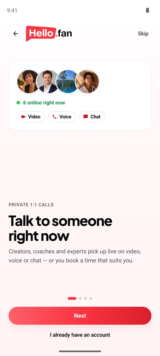 The hello.fan Android app: talk to someone right now — six online, video, voice or chat