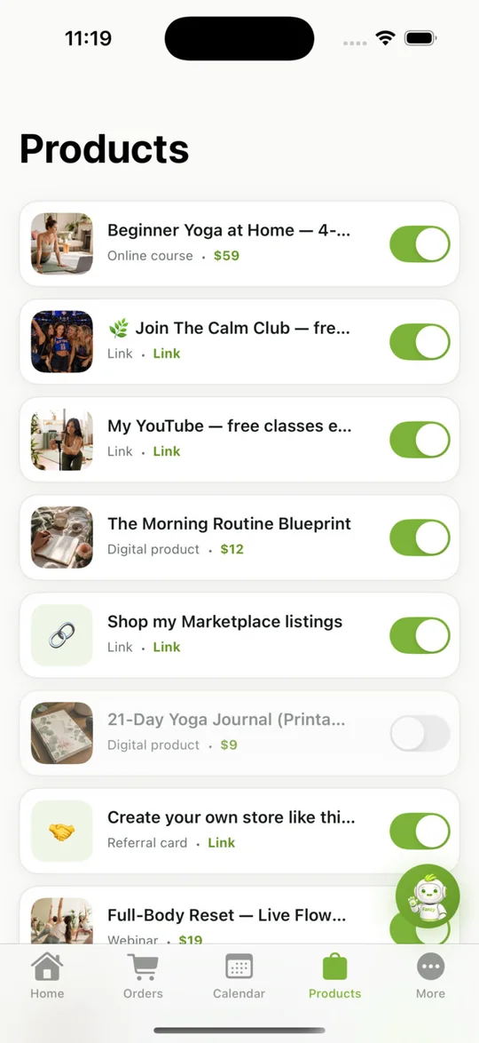 The store.fan app: the products list with on/off switches
