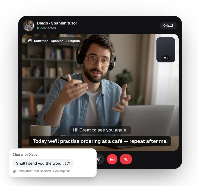 A hello.fan video call: Diego, a Spanish tutor, connected for 4 minutes 12 seconds, with live subtitles from Spanish to English and a translated chat message