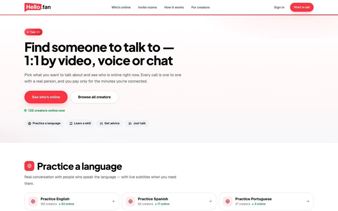 hello.fan/talk on a computer: find someone to talk to, 1:1 by video, voice or chat